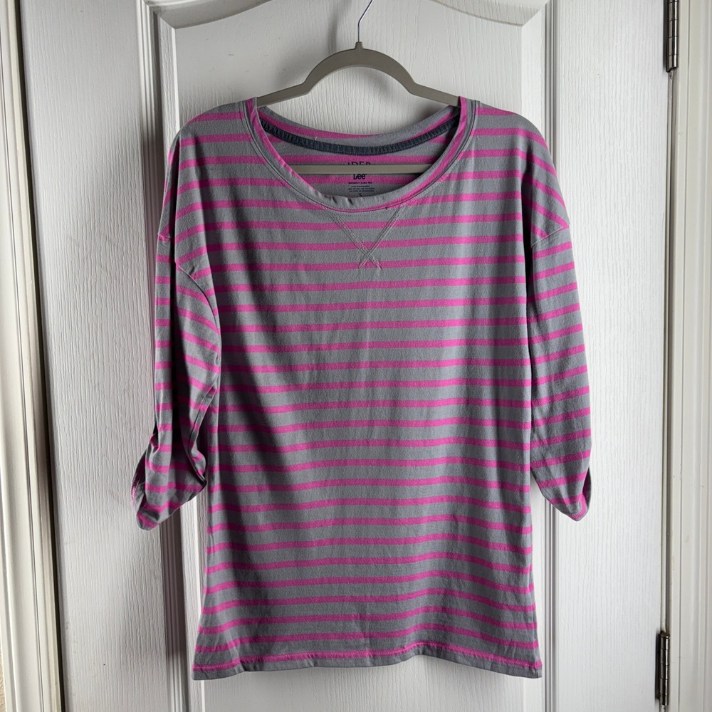 Riders by Lee Pink Grey Striped Roll Tab Sleeve Top Small